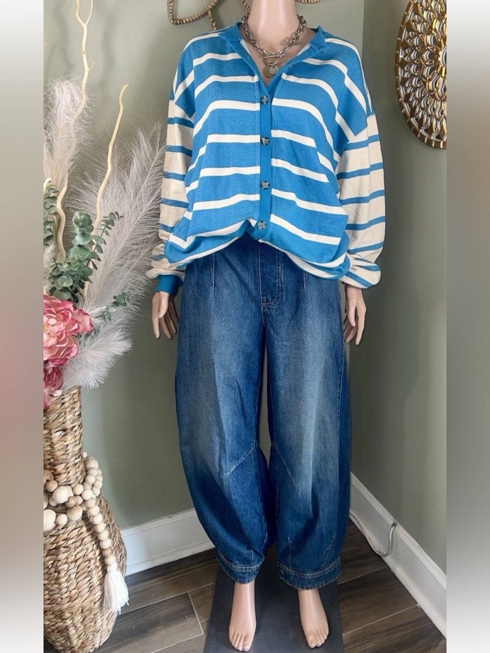 Free People We the Free Classic Striped Cardigan in Teal Combo Size Small - Picture 4 of 16